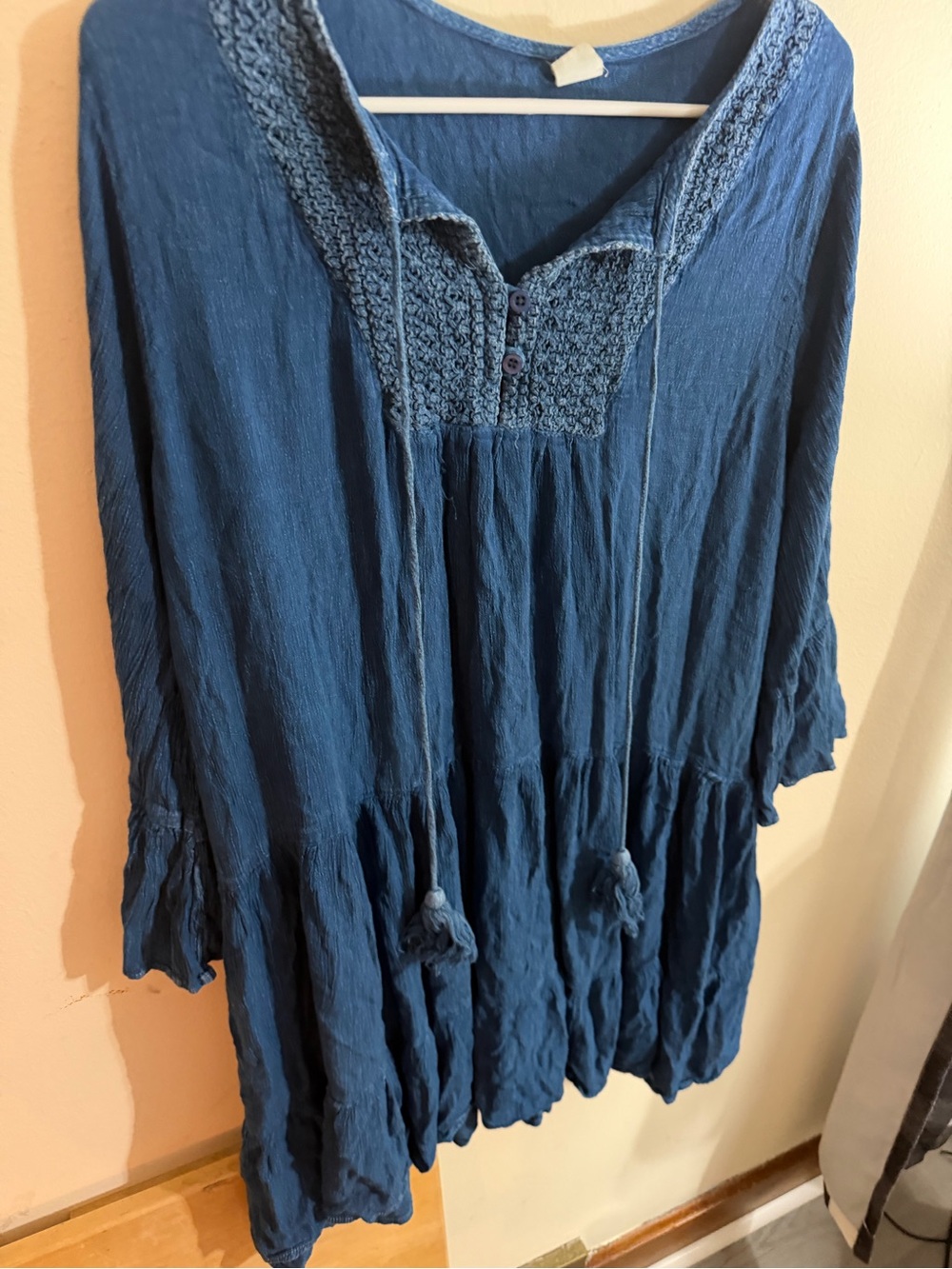 River + Sky Size 3x Indigo Crochet Yoke Tunic with Tassel Ties Coverup